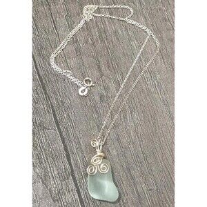 Handmade Wire Wrapped Sea Glass Pendant On Sterling Silver Necklace